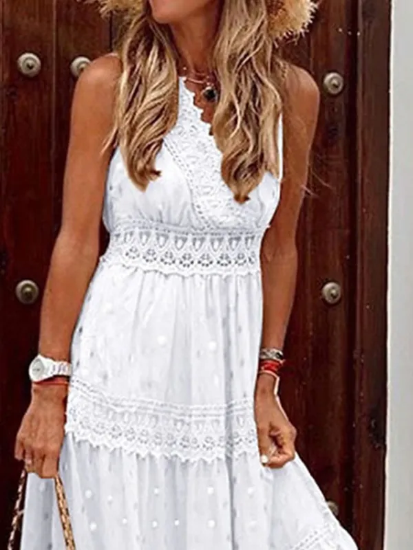 Women's Long Dress Maxi Dress Casual Dress A Line Dress Summer Dress Polka Dot Casual Modern Outdoor Daily Holiday Lace Ruffle Sleeveless V Neck Dress Regular Fit White Spring Summer S M L XL XXL