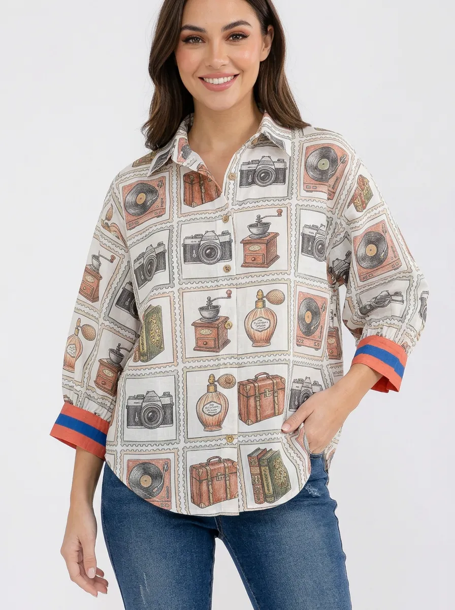 Women's Vintage Hobby Lover Stamp Pattern Graphic Button-Up Shirt