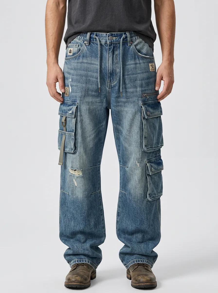 Men's Distressed Denim Multi-Pocket Drawstring Cargo Jeans