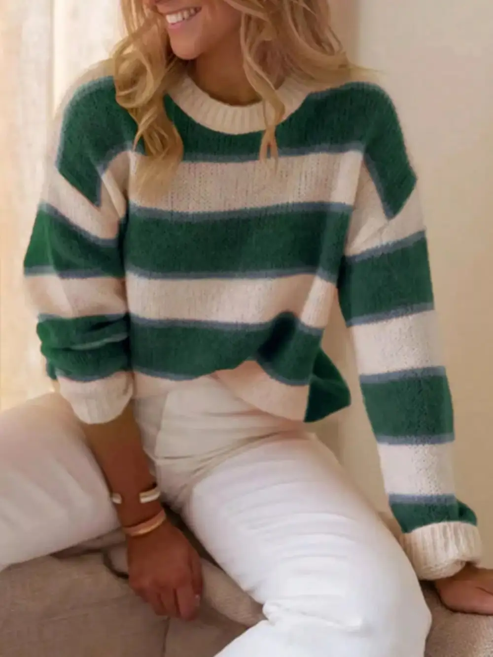 Striped Round Neck Dropped Shoulder Sweater