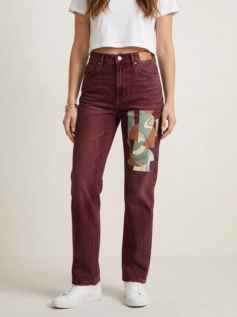 Women's Abstract Art Geometric Printed Straight Leg Jeans