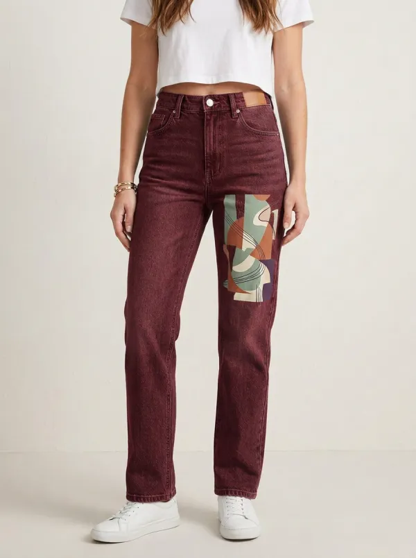 Women's Abstract Art Geometric Printed Straight Leg Jeans