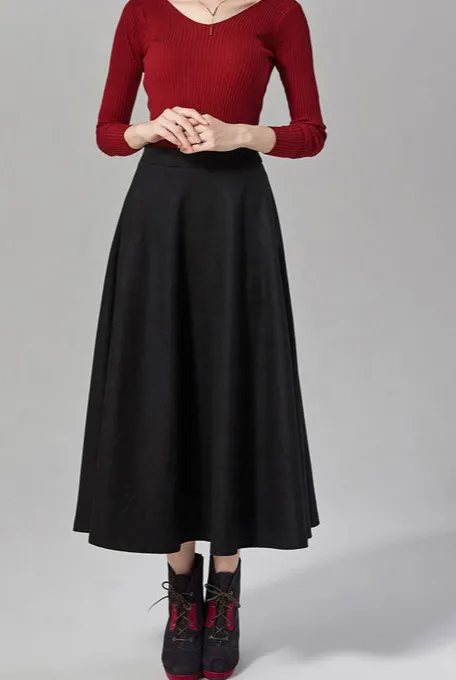 Structured Plaid Wool Blend High Waist Maxi Skirt