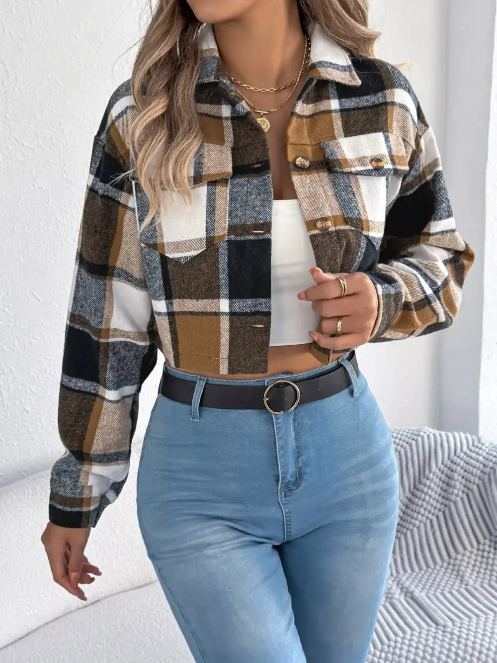 Plaid Button Up Cropped Jacket