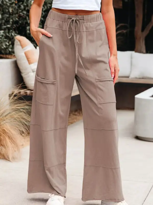 Wide Leg Drawstring Elastic Waist Mineral Wash Cargo Pants