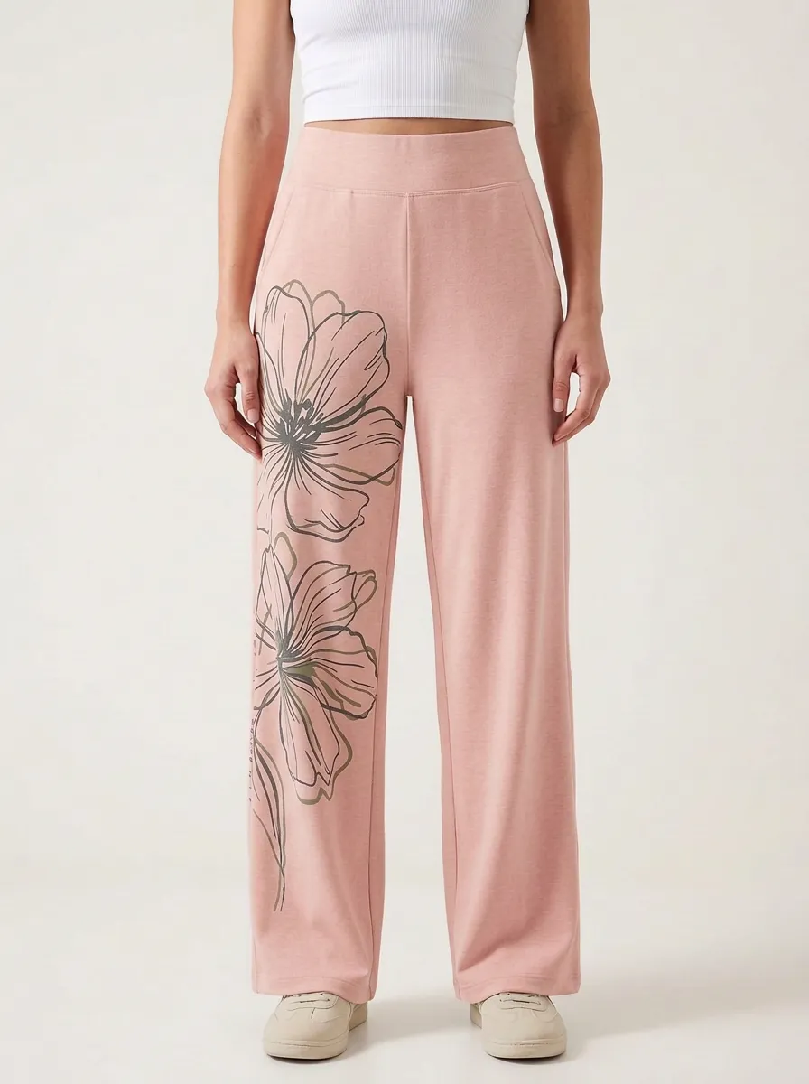 Women's Floral Minimalist Beige Graphic Wide Leg Pants