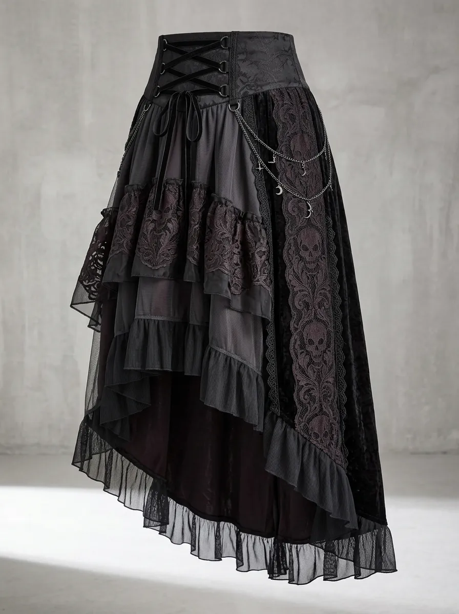 Noir Skull Lace High-Low Detail Women's Gothic High-Low Skirt