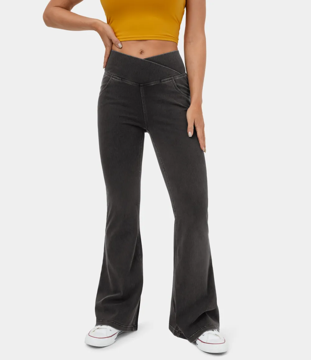 Magic High Waisted Crossover Pocket Washed Stretchy Knit Casual Super Flare Jeans