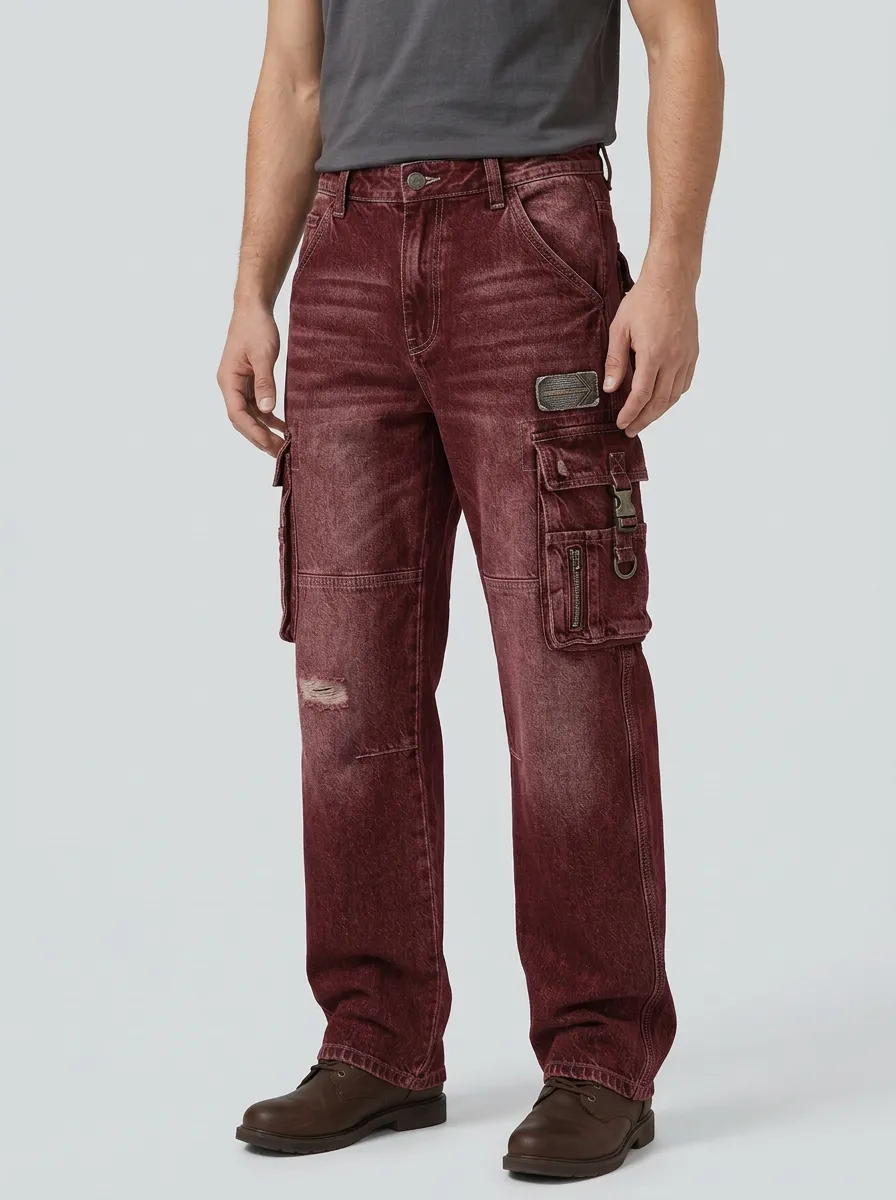 Men's Mid-Blue Distressed Mid Blue D-Ring Detail Buckle Detail Cargo Pants
