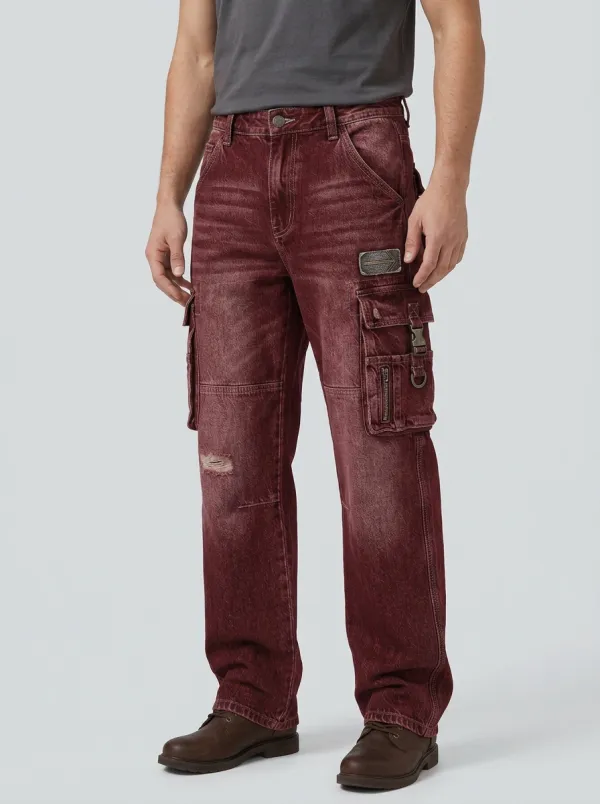 Men's Mid-Blue Distressed Mid Blue D-Ring Detail Buckle Detail Cargo Pants