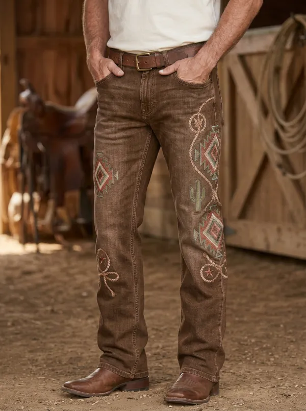 Men's Western Cowboy Cactus Geometric Rope Jeans