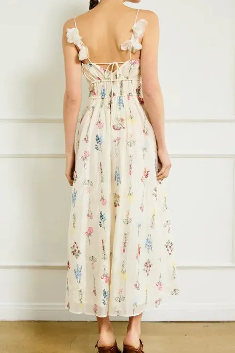 Women's White Floral Print Smocked Maxi Dress