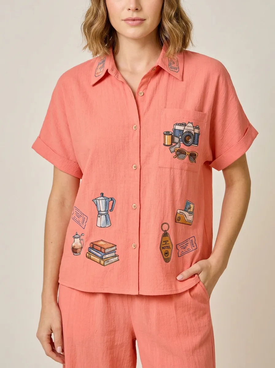 Women's Travel Lover Camera Coffee Book Printed Shirt