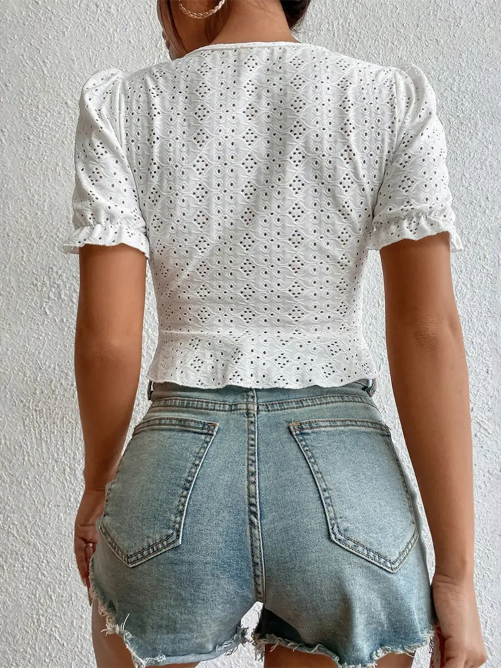 Drawstring Puff-Sleeve Eyelet Blouse