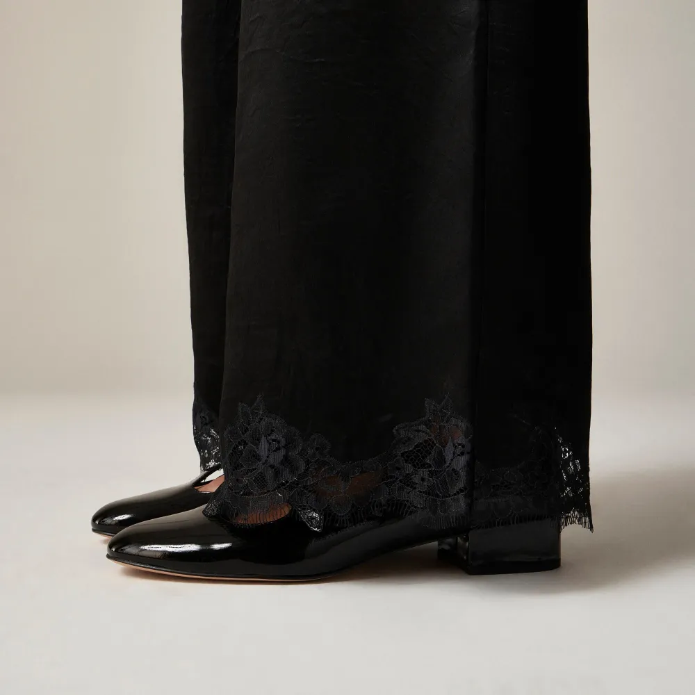 Satin Lace Hem Wide Leg Crop Pants