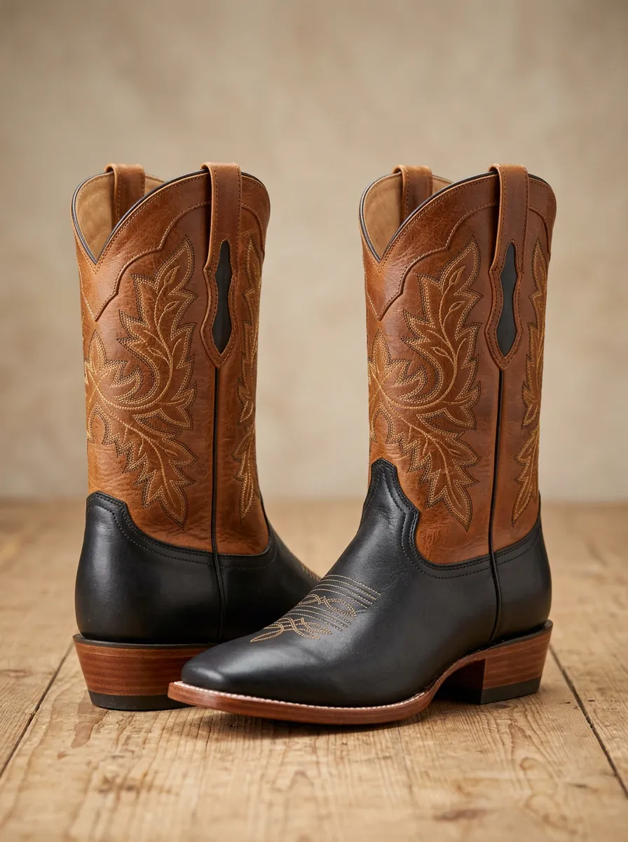 Men's Western Cowboy Two-Tone Embroidered Western Boots