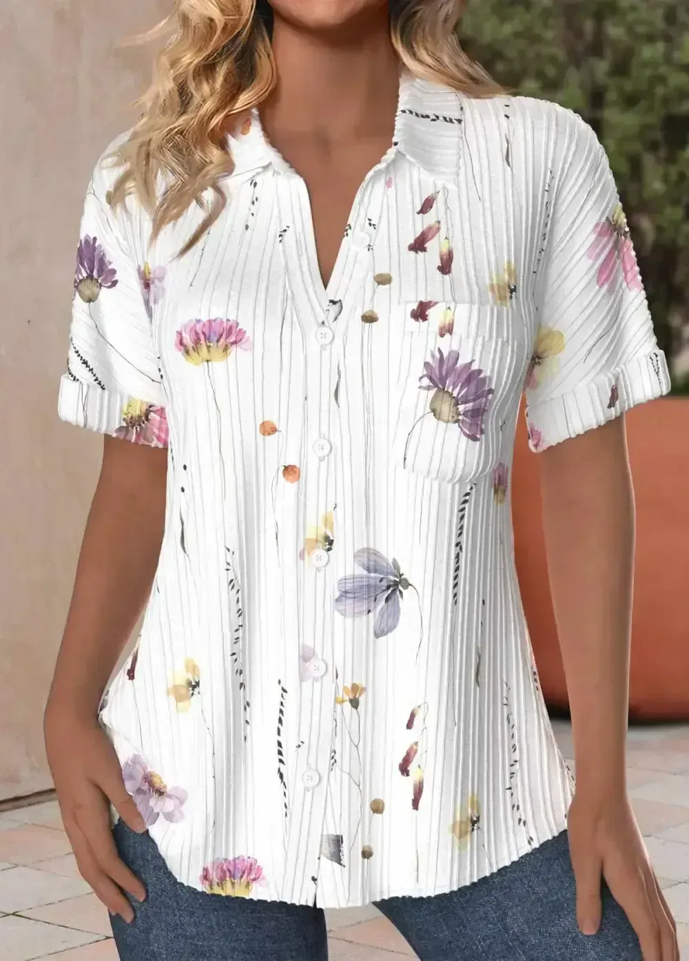 White Textured Fabric Floral Print Short Sleeve Blouse