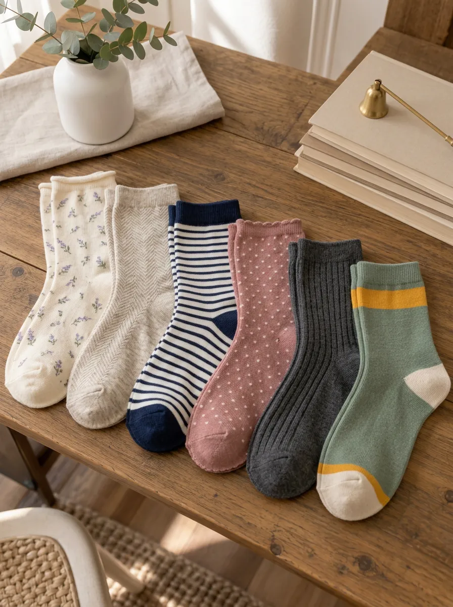 Women's Floral Polka Dot Herringbone Ribbed Striped Color-Block Vintage-Inspired Assorted 6-Pack Crew Sock Set
