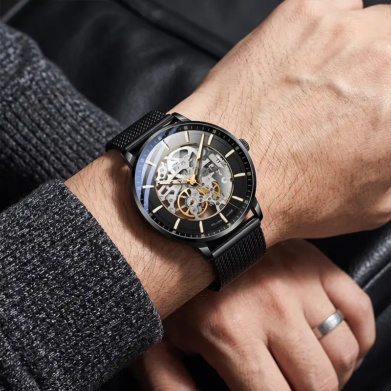 Sollen SL359 Men's Open Heart Full Skeleton Automatic Mechanical Watch - 42mm Stainless Steel Case Slim 9.9mm Luminous Markers Mesh Bracelet Wristwatch