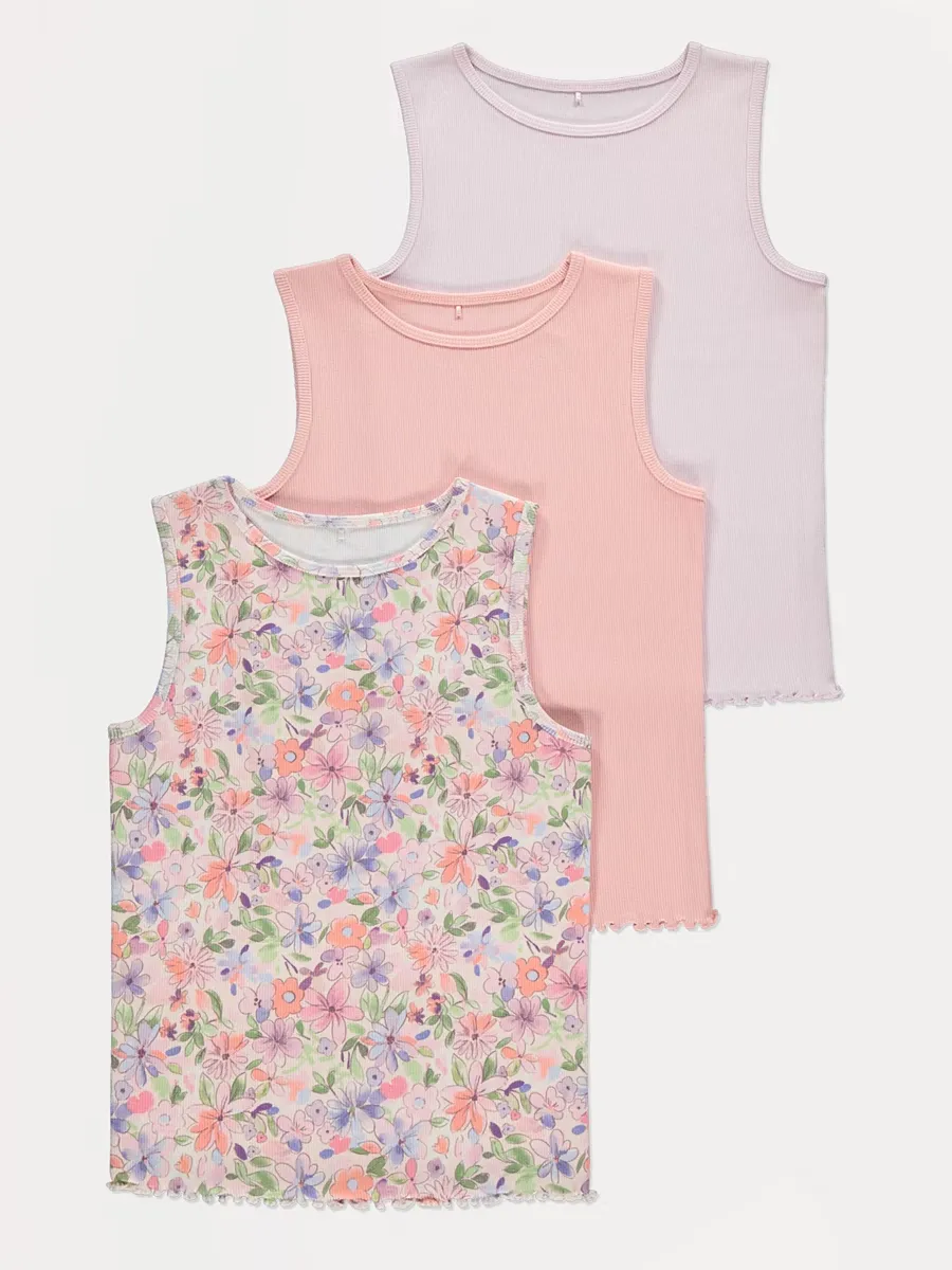 Pastel Floral Ribbed Vests 3 Pack