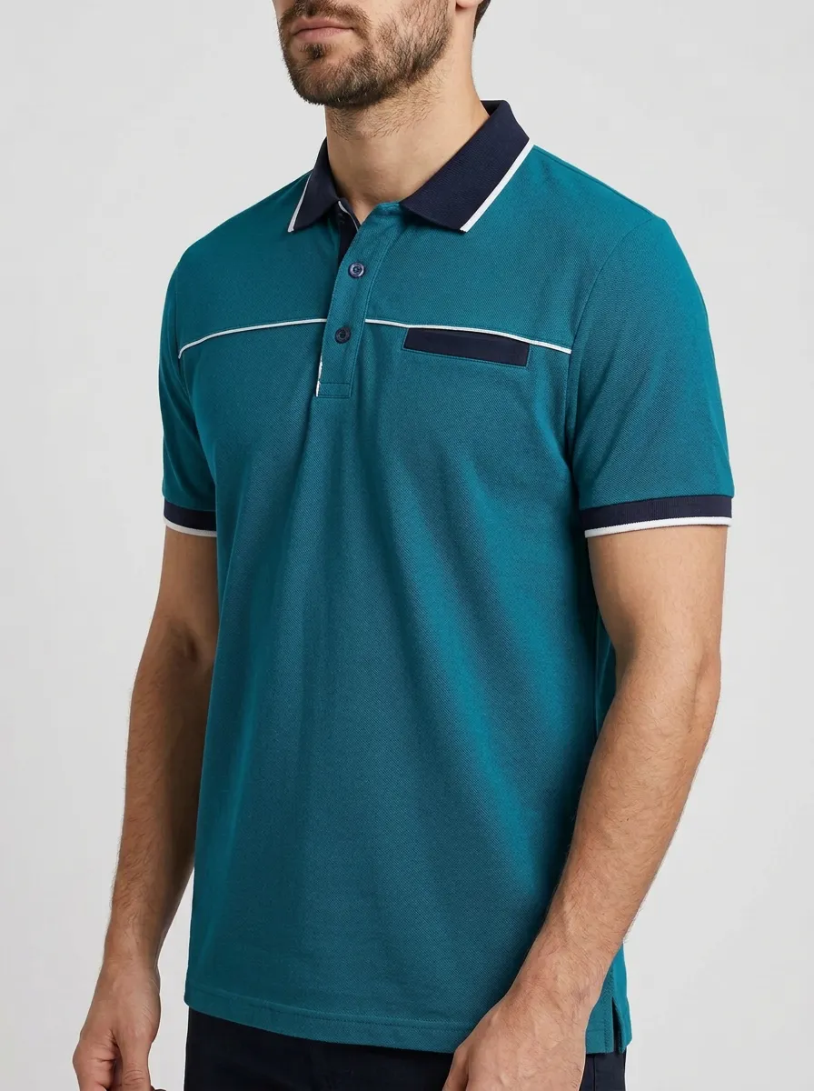 Men's Casual Contrast Trim Colorblock Printed Polo Shirt