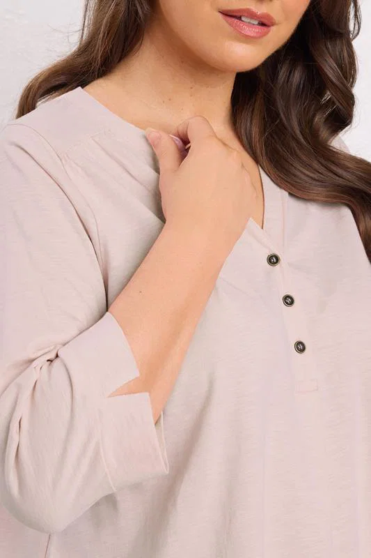Pink Pleat Front Henley Top detail 3
