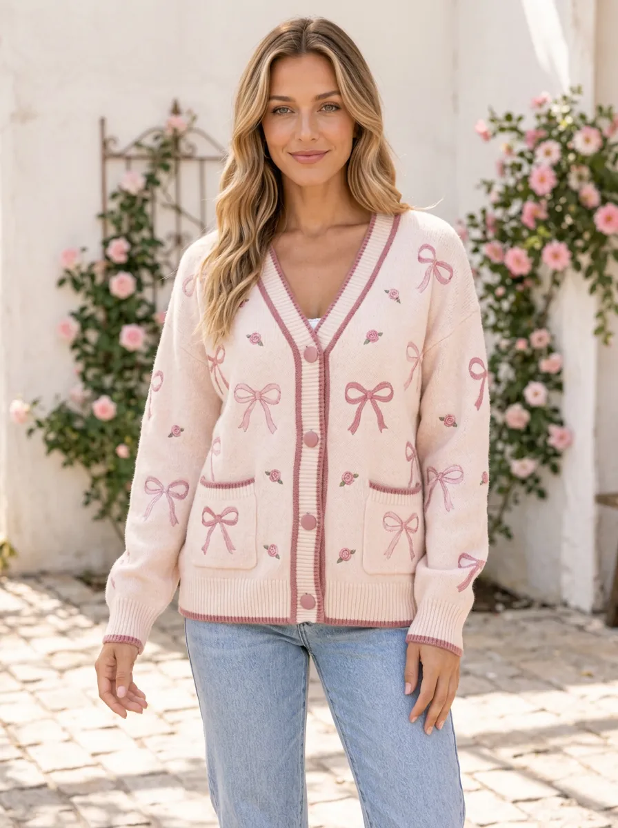 Women's Meadow Inspired Floral Ribbon Bow Pattern Printed Cardigan