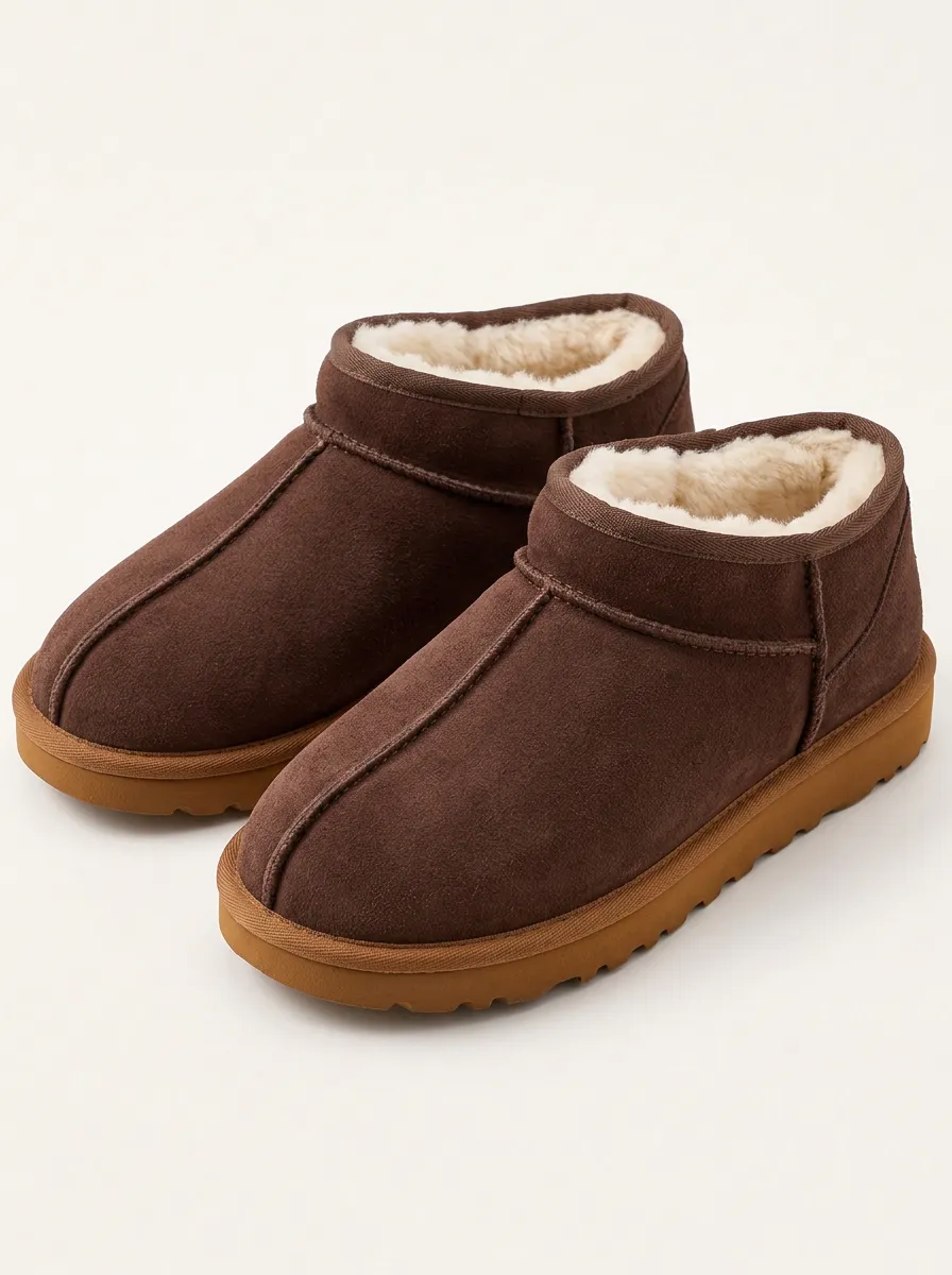 Brown Faux Fur Lined Suede Look Slippers with a Casual Finish