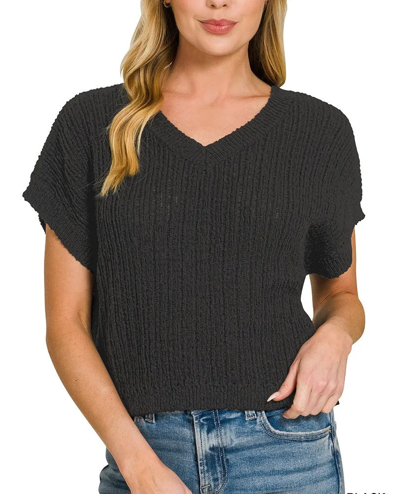 Textured Knit V-Neck Cropped Sweater