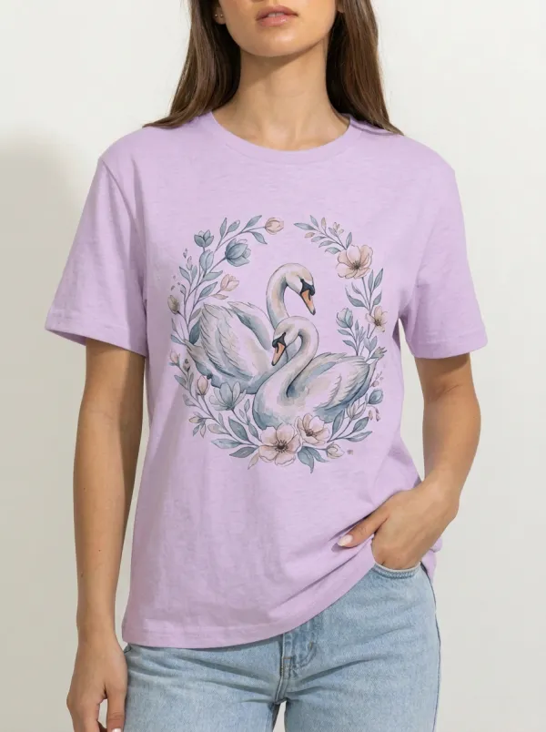 Women's Nature Floral Swan Couple Graphic T-Shirt