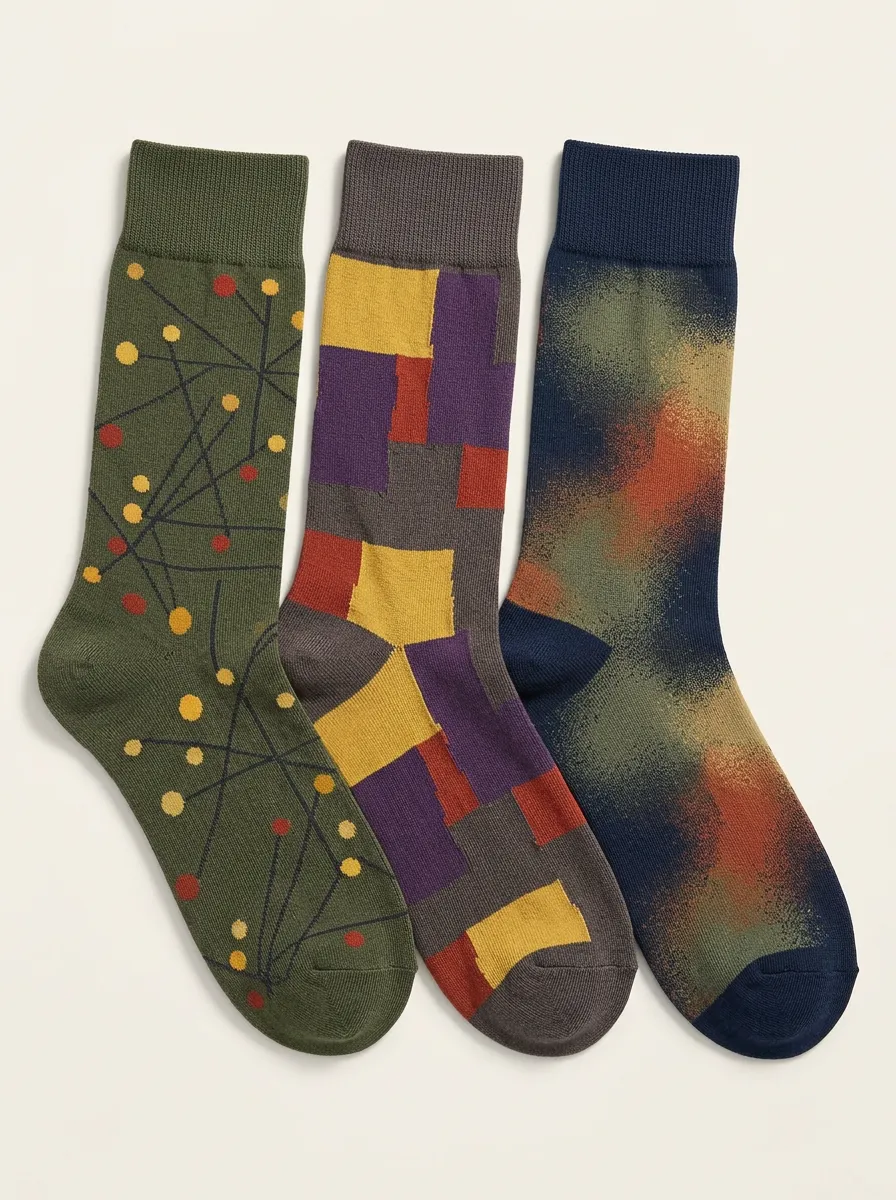 Men's Color Blocks Abstract Motifs Three-Pair Crew Socks
