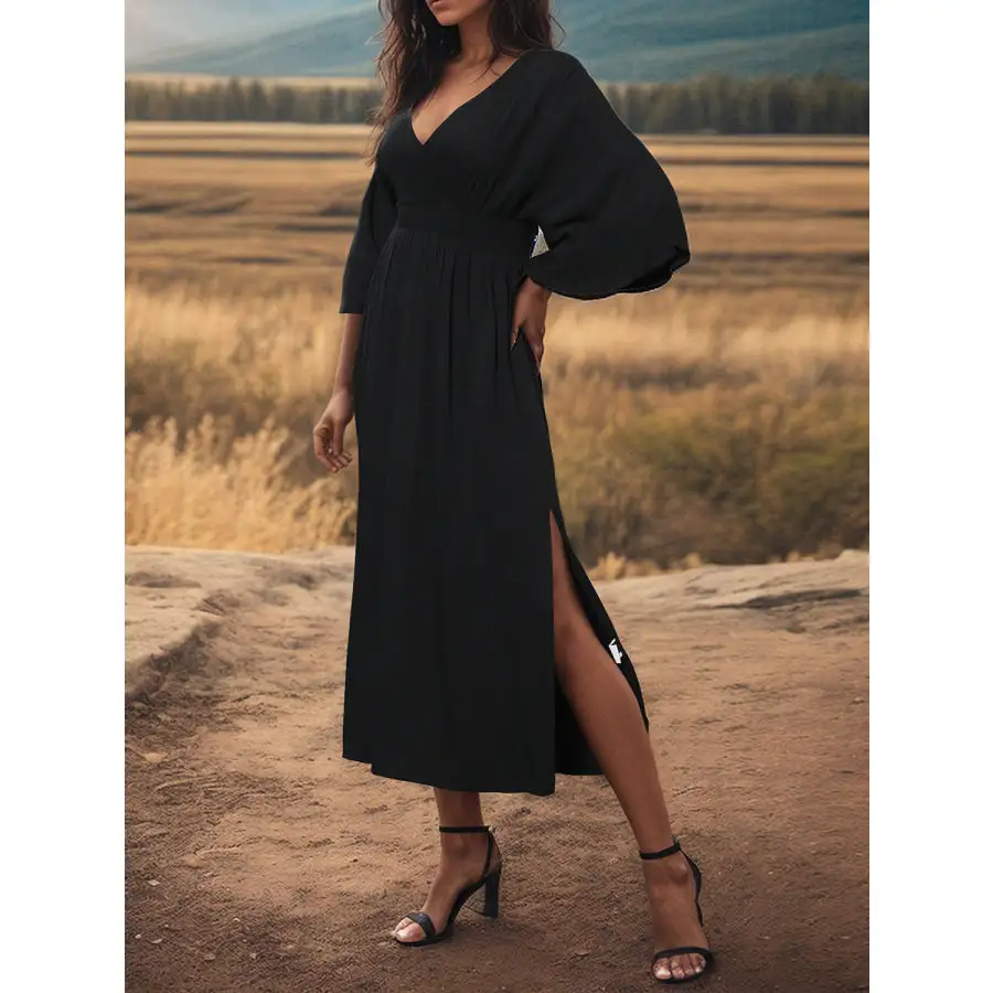 Slit V-Neck Long Sleeve Midi Dress