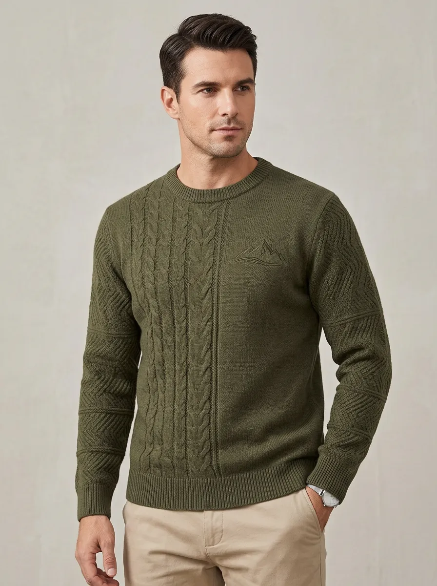 Men's Olive Green Mountain Cable Knit Sweater