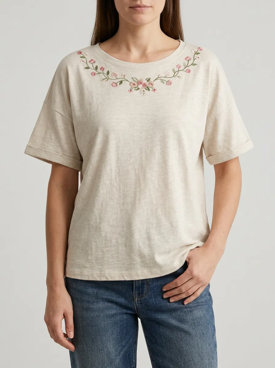 Floral Print Embroidered Detail Women's Short Sleeve Casual Top