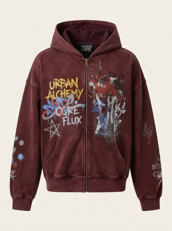 Unisex Streetwear Urban Alchemy Graffiti Printed Zip-up Hoodie