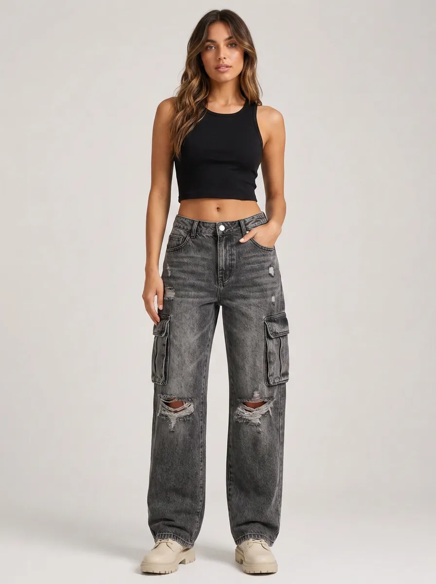 Women's Streetwear Distressed Grey Cargo Denim Pants