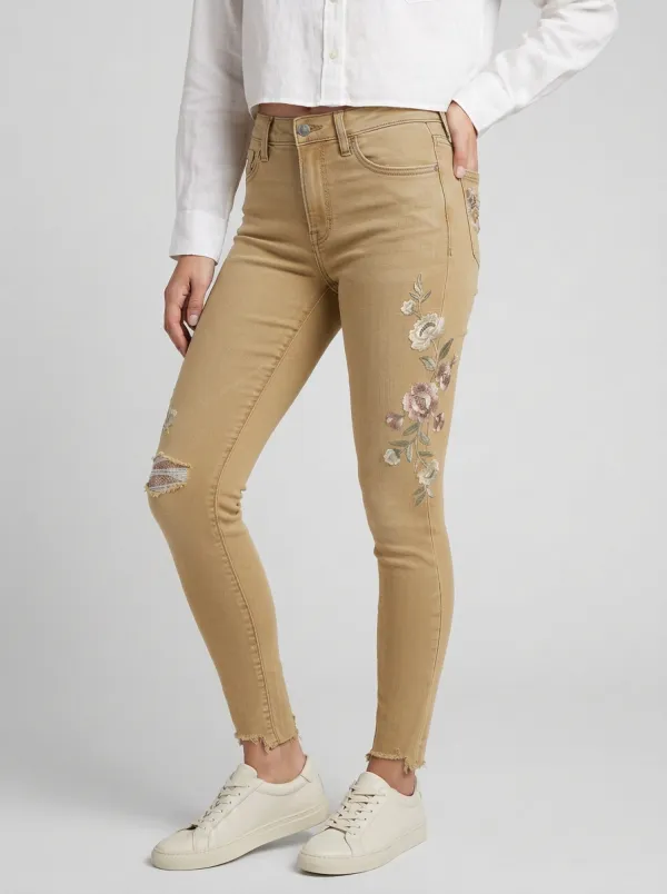 Women's Venture Floral Embroidery Distressed Printed Slim Jeans