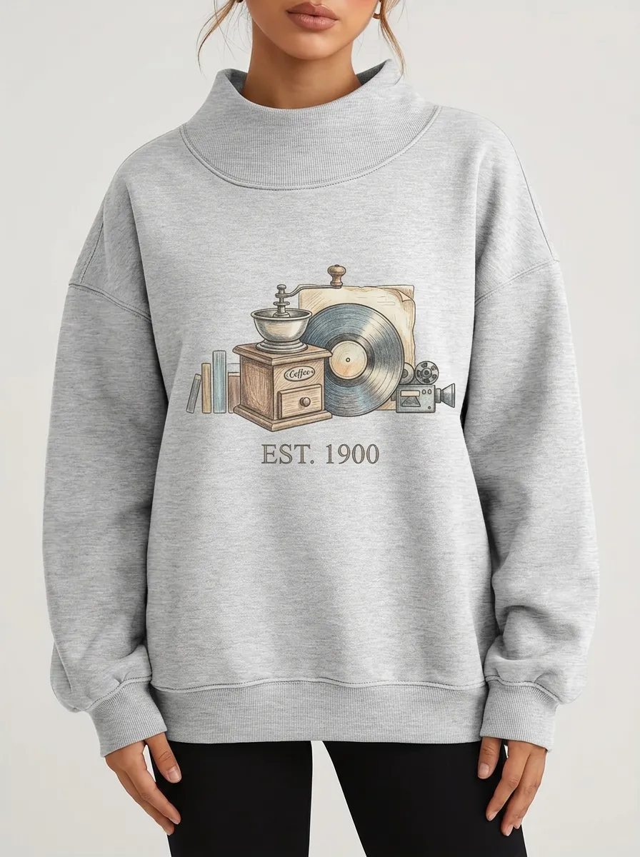 Women's Vintage Hobby Coffee Vinyl Camera Graphic Sweatshirt