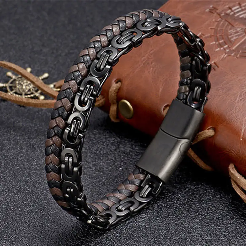 Link Chain Double Wrap Braided Leather Bracelet