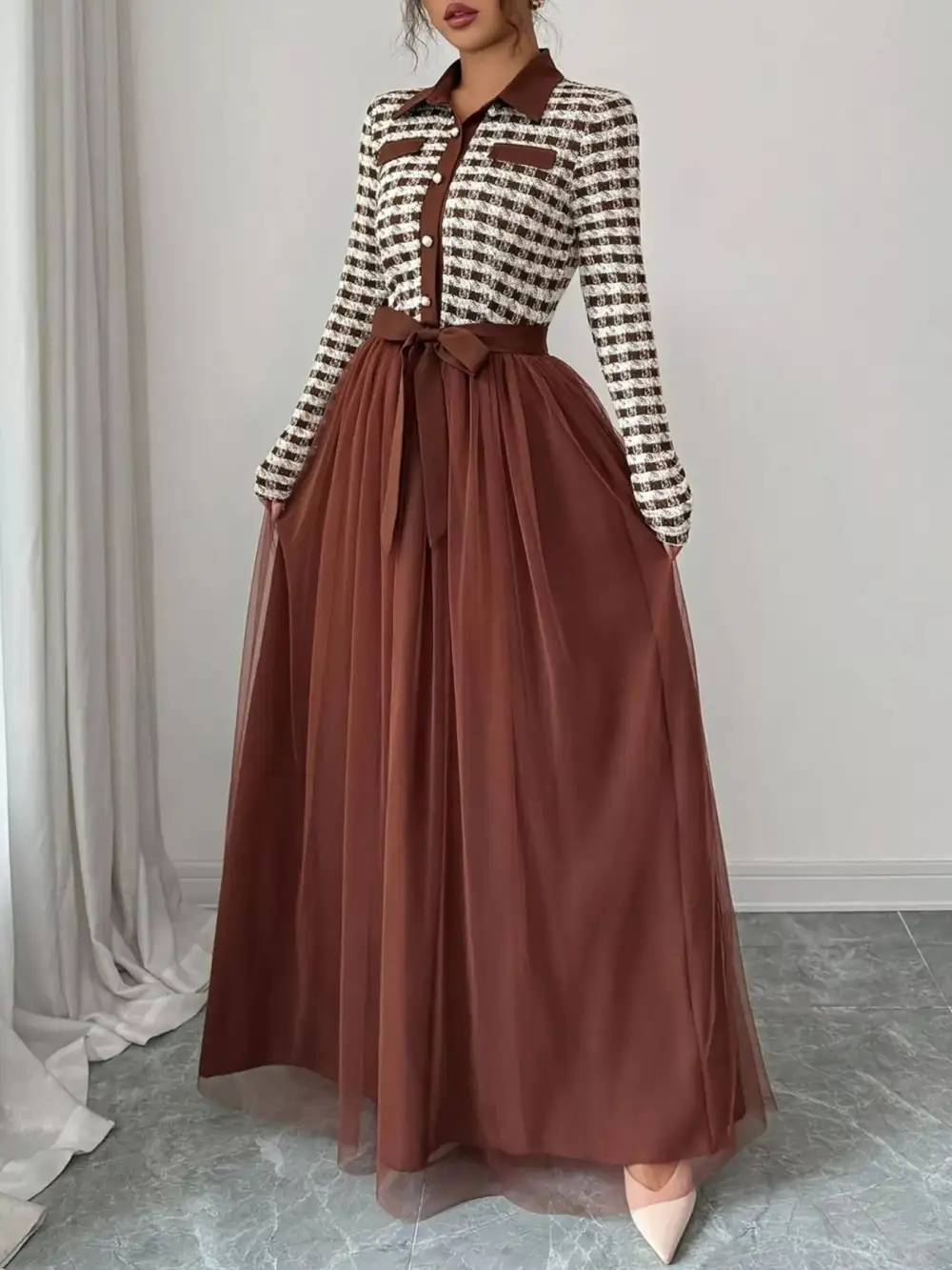 Plaid Tulle Long Sleeve Maxi Dress