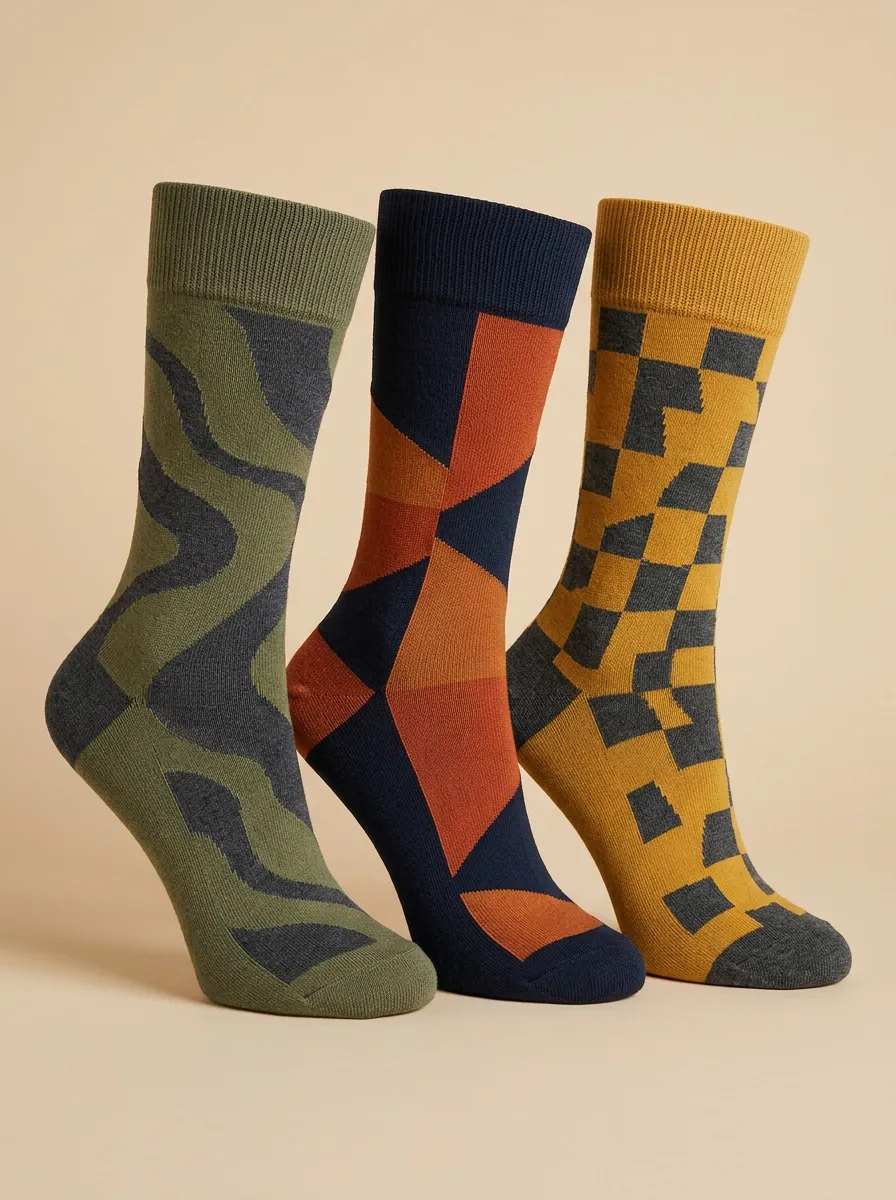 Men's Geometric Pattern Wavy Checkered Printed Three Pack Socks