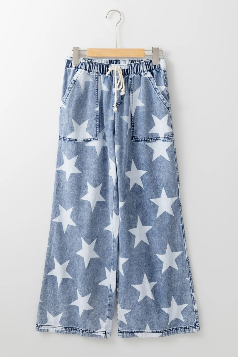 Star Print Washed Drawstring High Waist Pants
