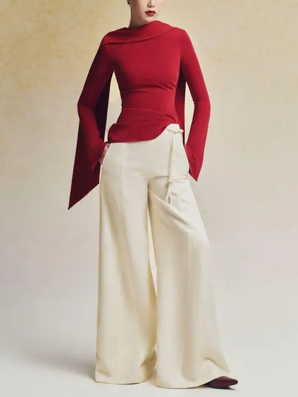 Flared Sleeve Long Sleeve Zip Detail Boat Neck T-Shirt