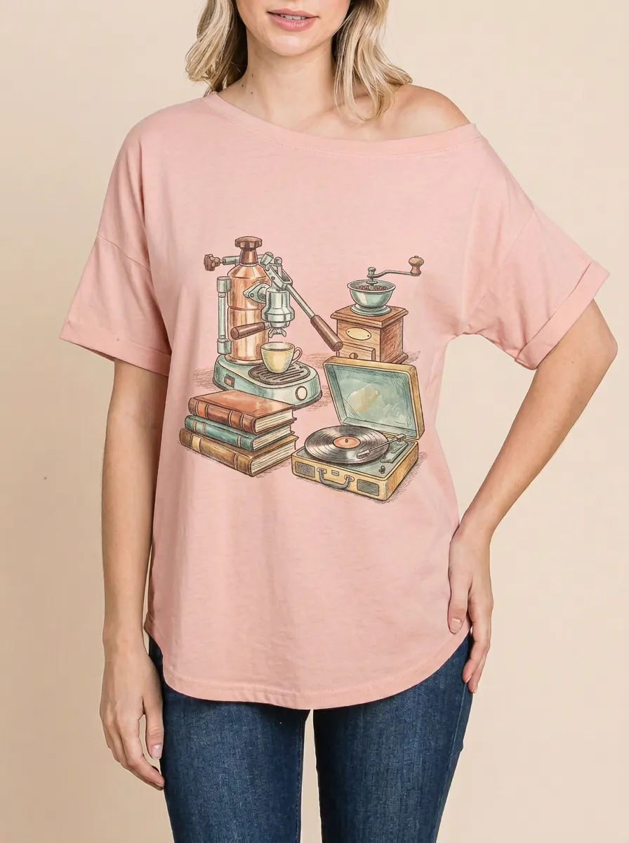 Women's Coffee Book Vinyl Lover Vintage Illustration Graphic T-Shirt