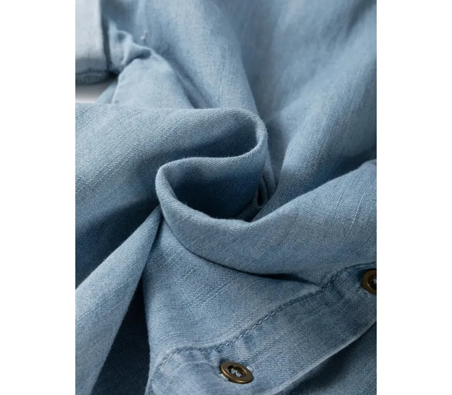 Folded Short-Sleeve Patched Pocket Denim Shirt