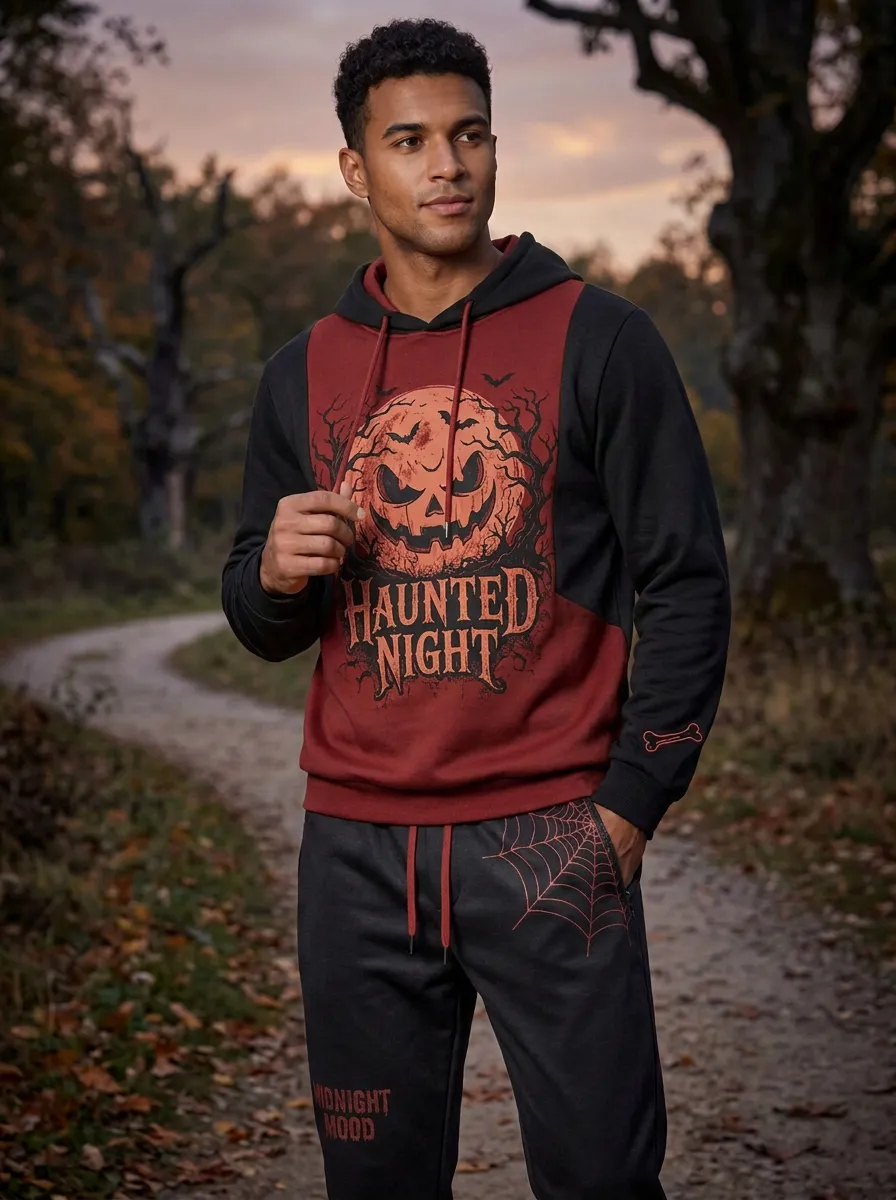 Men's Halloween Black Orange Haunted Night Pumpkin Colorblock Hoodie Jogger Set
