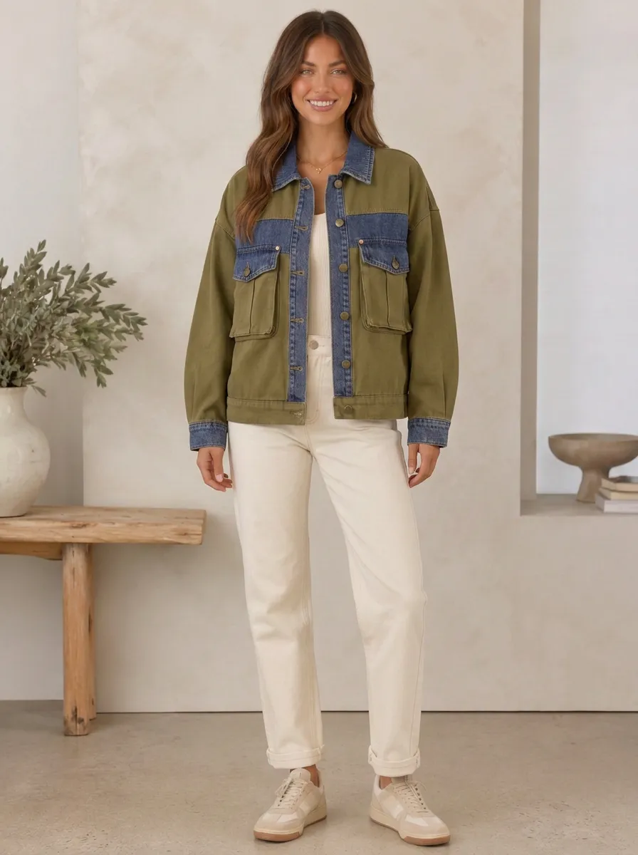 Women's Casual Style Olive Green Denim Patchwork Button Up Jacket