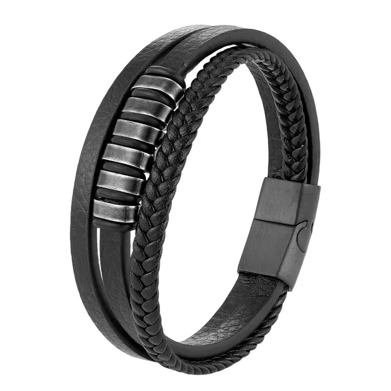 Simple Titanium Steel Braided Layer Leather Buckle Bracelet