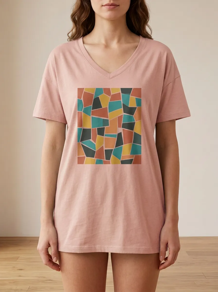 Women's Abstract Art Geometric Mosaic Printed V-Neck T-Shirt