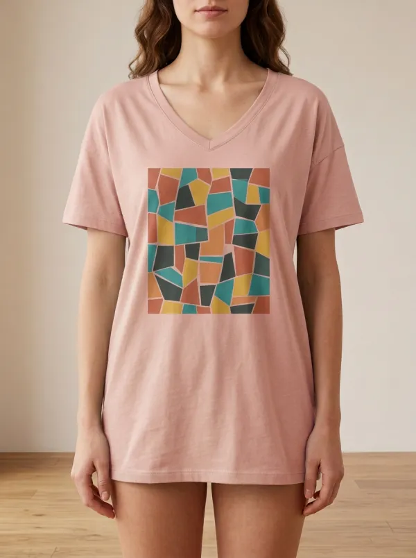 Women's Abstract Art Geometric Mosaic Printed V-Neck T-Shirt